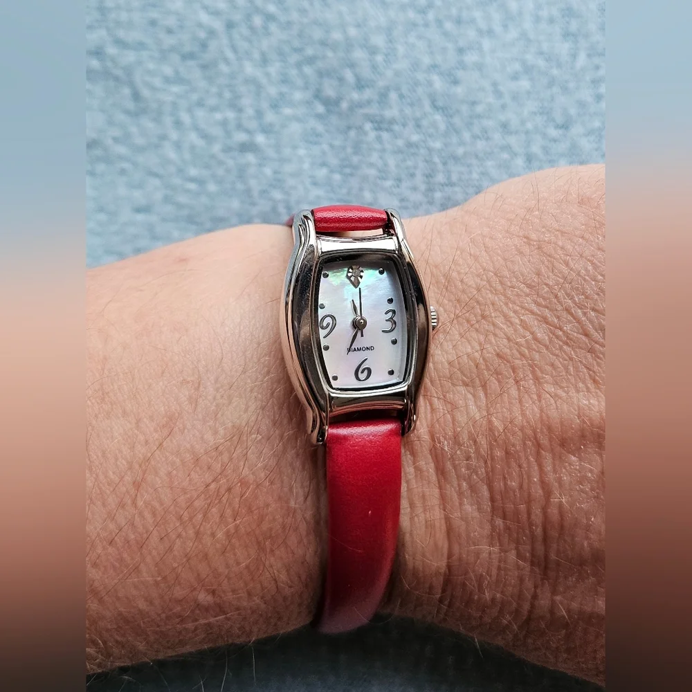 Avon Diamond Accent Watch, Mother of Pearl Dial, Red, Silver, NWT - Picture 3 of 14